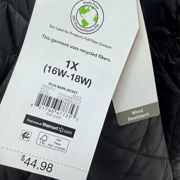 Time & Tru Quilted Coat Plus Size 1X Black Snap Front Lightweight Jacket Womens - Picture 4 of 9